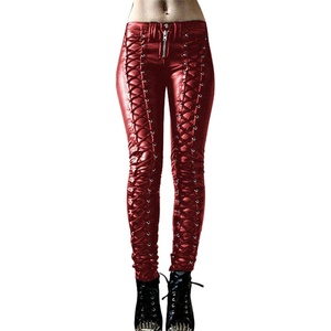 Women’s Lace Up Faux Leather Leggings Gothic Bandage Sexy Tight Pants(Red 1)