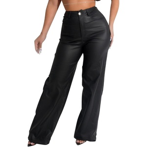 Zebaexf Women’s High Waist Faux Leather Pants Straight Leg Jeans Leather Look Pants(Matte-wide-black)