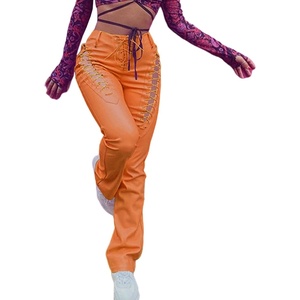 xxxiticat Women Faux Leather Pants High Waist Cutout Lace Up Flare Trousers(Orange)