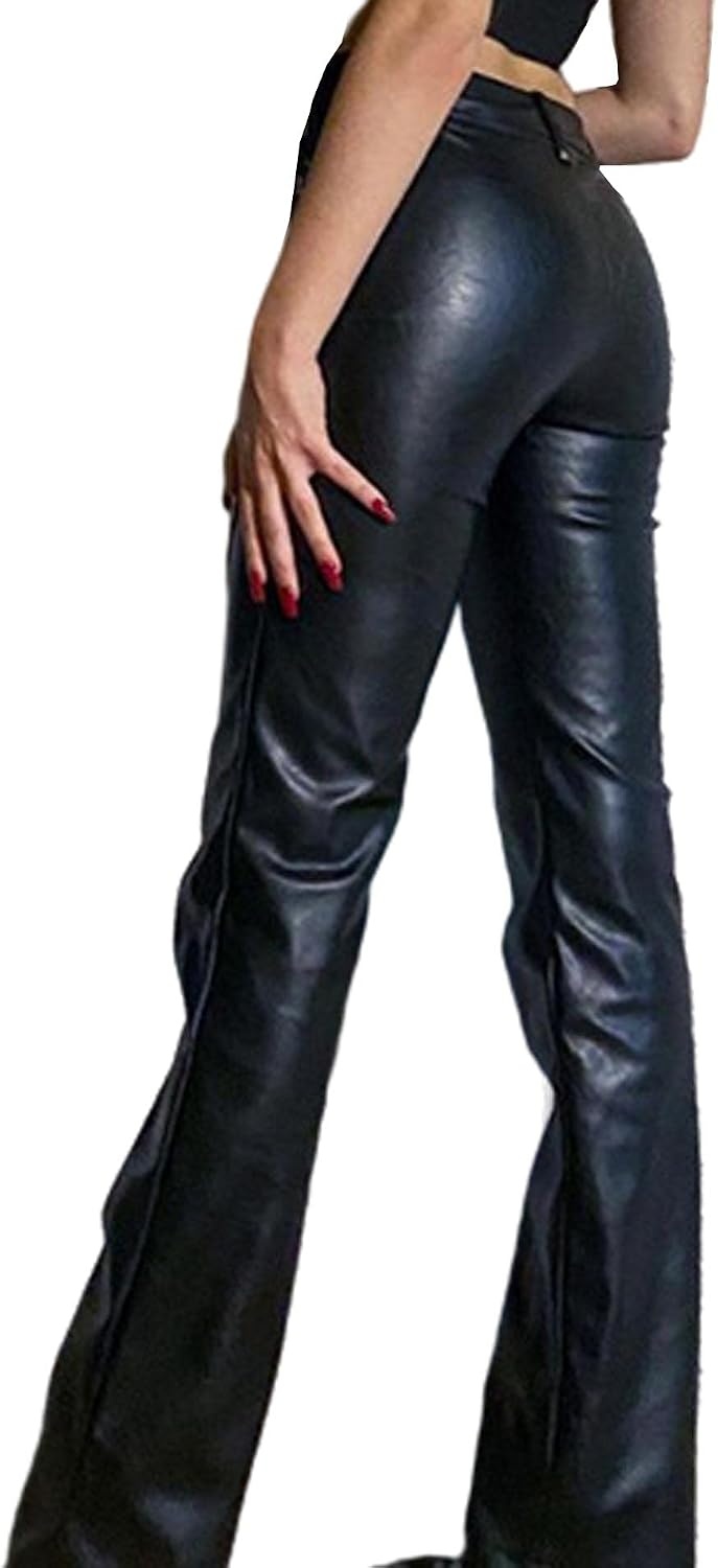 image:imagexxxiticat Women Faux Leather Pants High Waist Cutout Lace Up Flare TrousersBlack