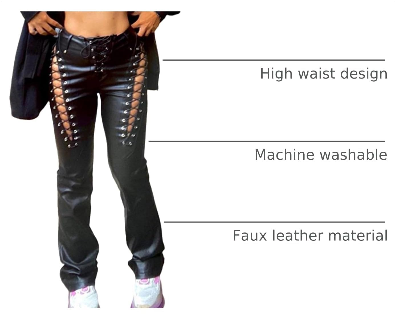 image:imagexxxiticat Women Faux Leather Pants High Waist Cutout Lace Up Flare TrousersBlack