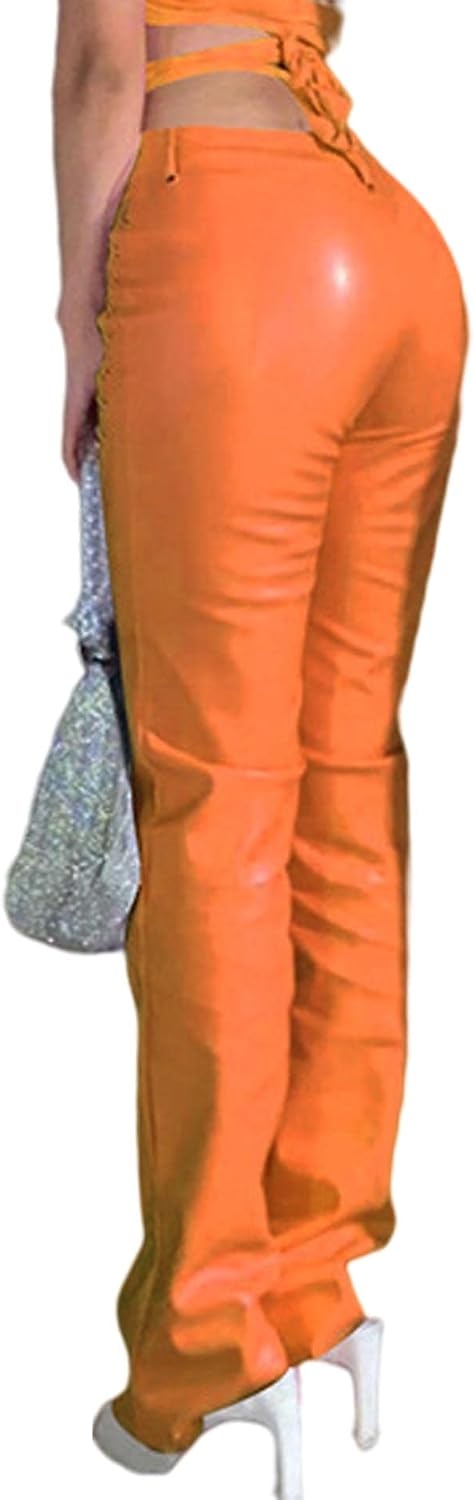 image:imagexxxiticat Women Faux Leather Pants High Waist Cutout Lace Up Flare TrousersOrange