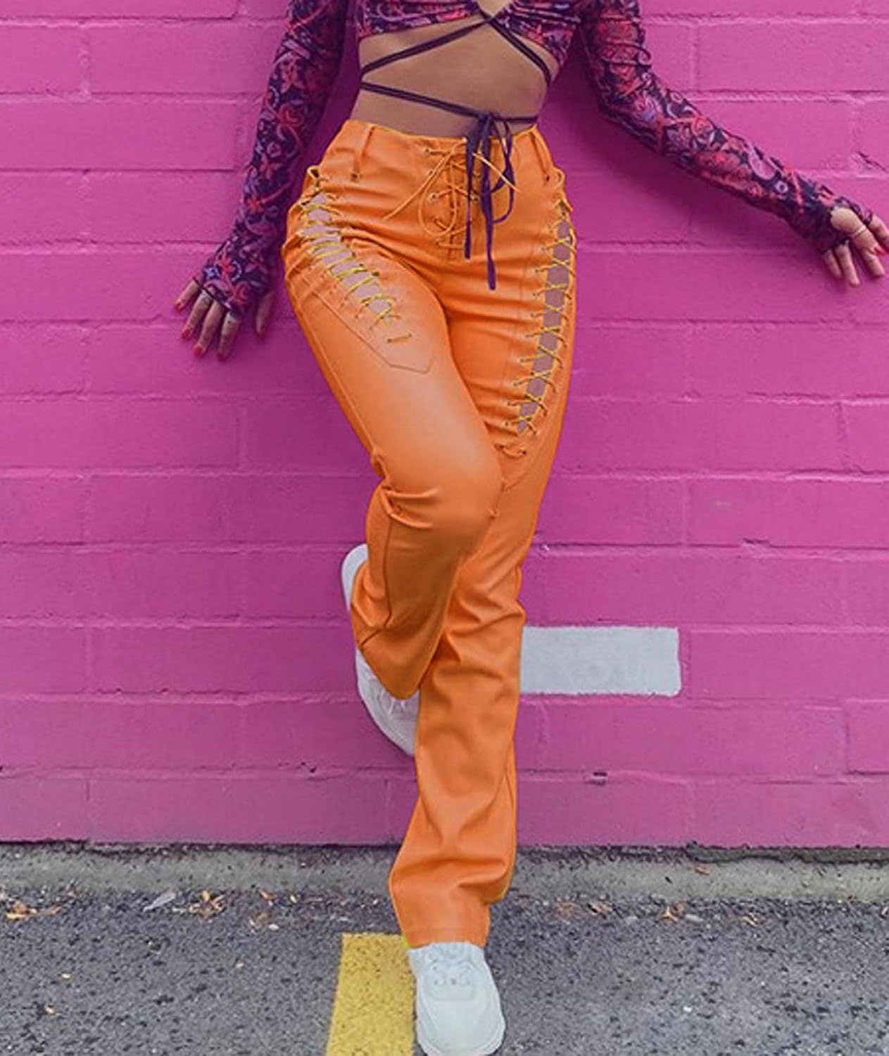 image:imagexxxiticat Women Faux Leather Pants High Waist Cutout Lace Up Flare TrousersOrange