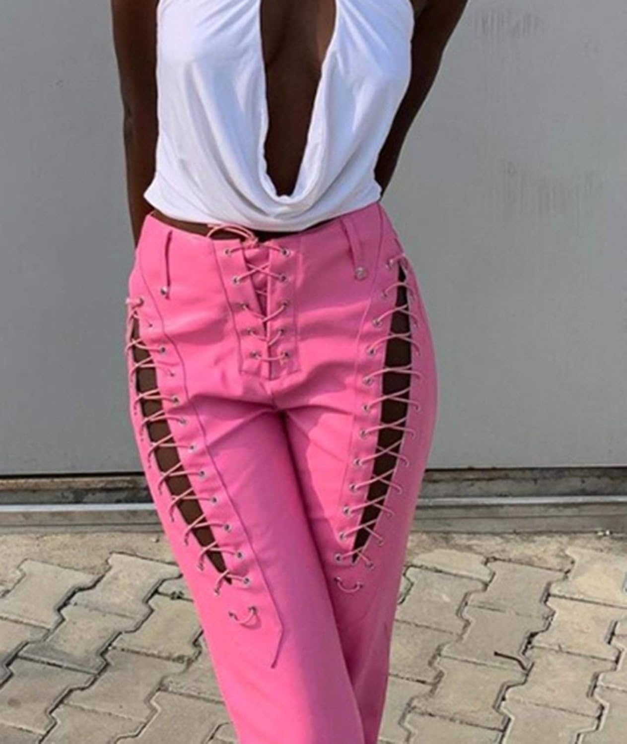 image:imagexxxiticat Women Faux Leather Pants High Waist Cutout Lace Up Flare TrousersPink