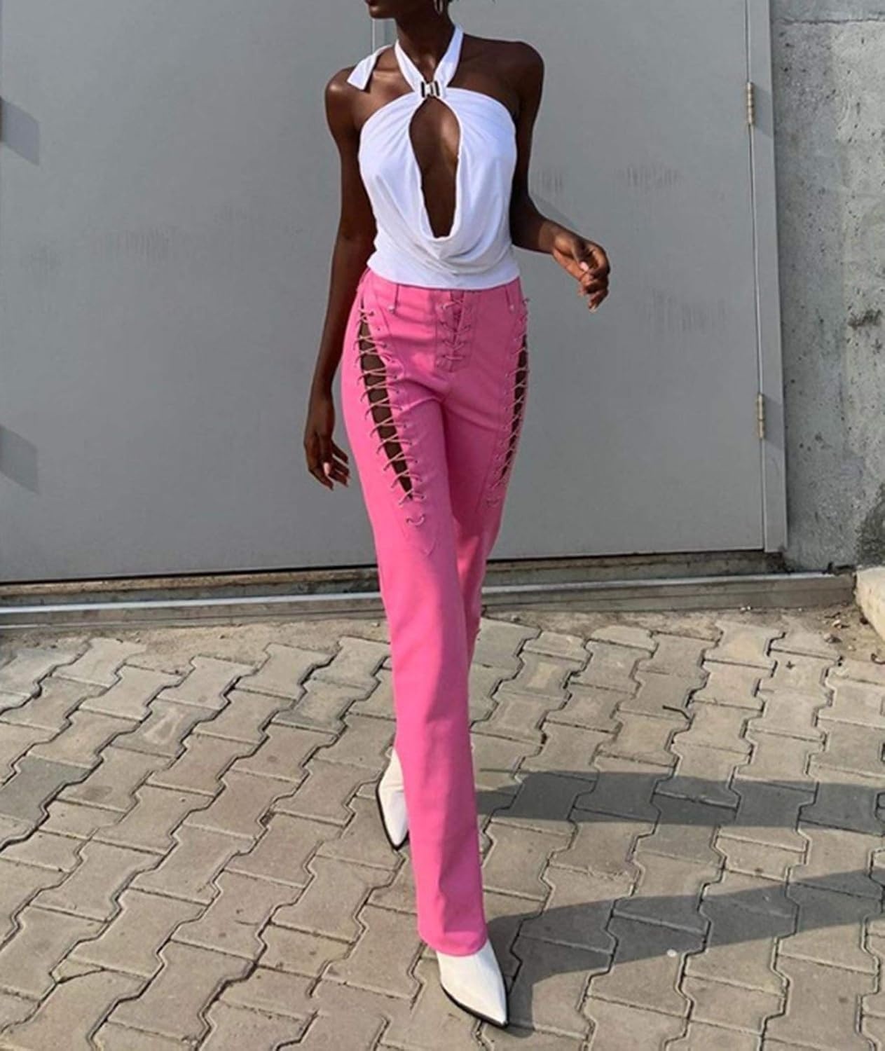 image:imagexxxiticat Women Faux Leather Pants High Waist Cutout Lace Up Flare TrousersPink