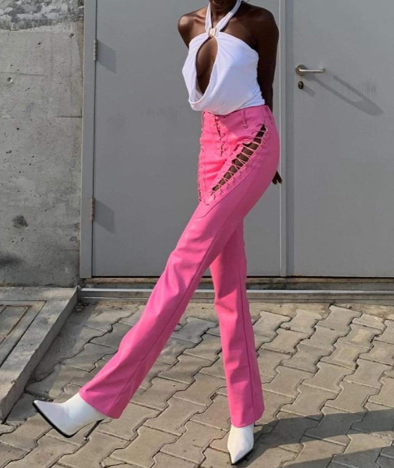 image:imagexxxiticat Women Faux Leather Pants High Waist Cutout Lace Up Flare TrousersPink