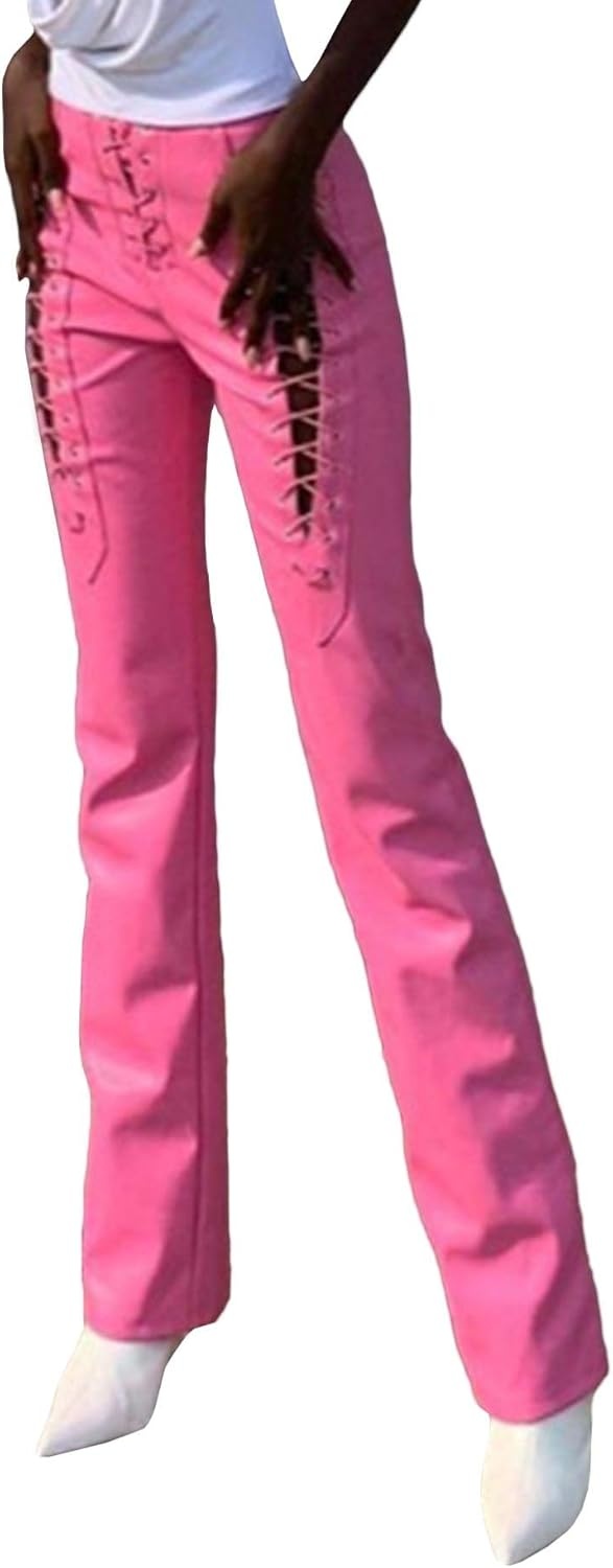 image:imagexxxiticat Women Faux Leather Pants High Waist Cutout Lace Up Flare TrousersPink