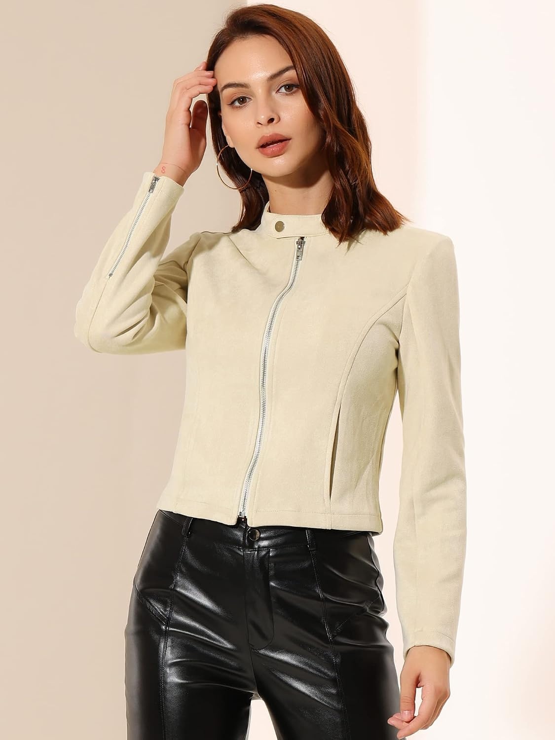 image:imageAllegra K Womens Faux Suede Jacket Zip Up Crop Biker Moto Coat OuterwearBeige