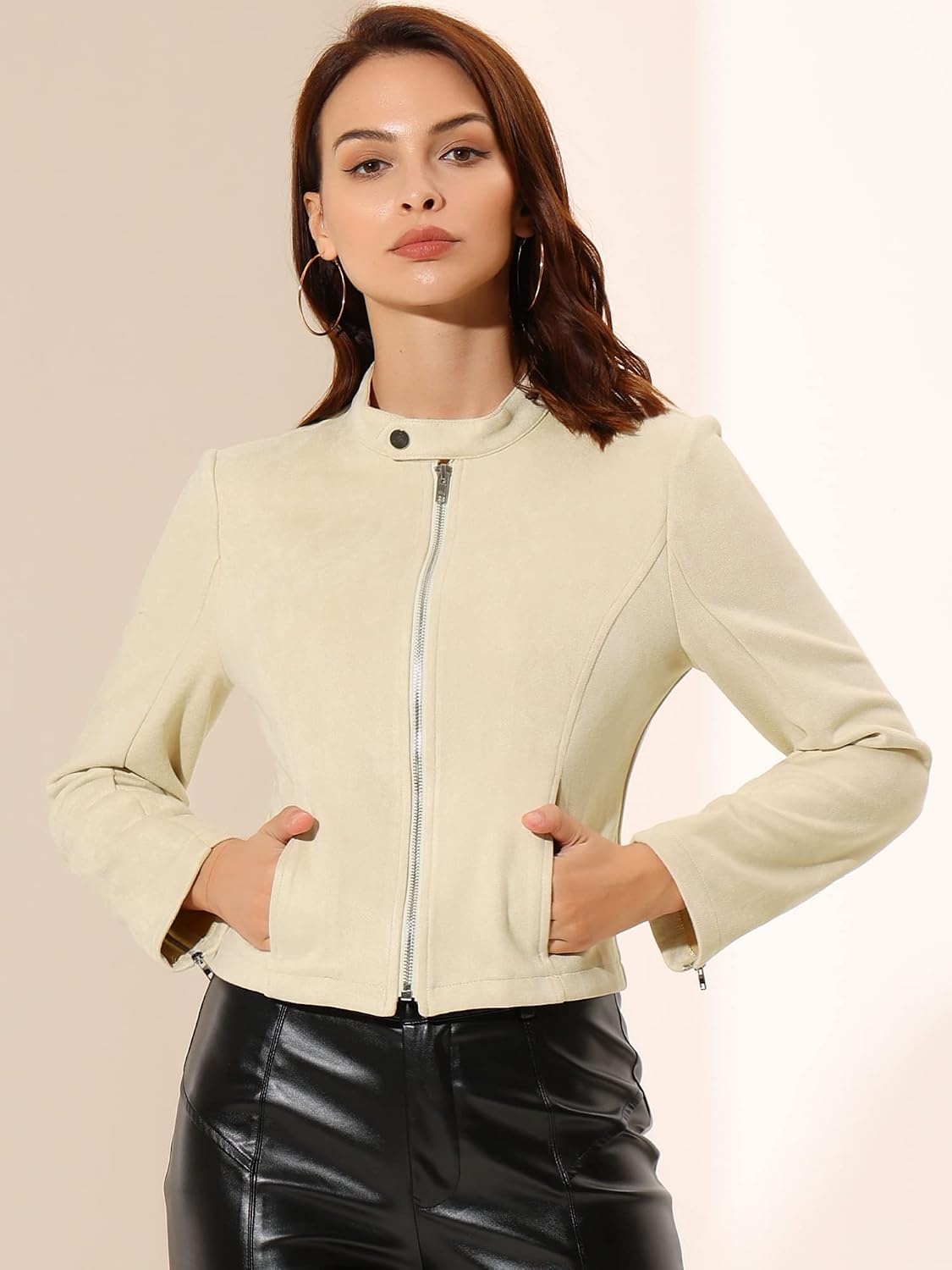 image:imageAllegra K Womens Faux Suede Jacket Zip Up Crop Biker Moto Coat OuterwearBeige