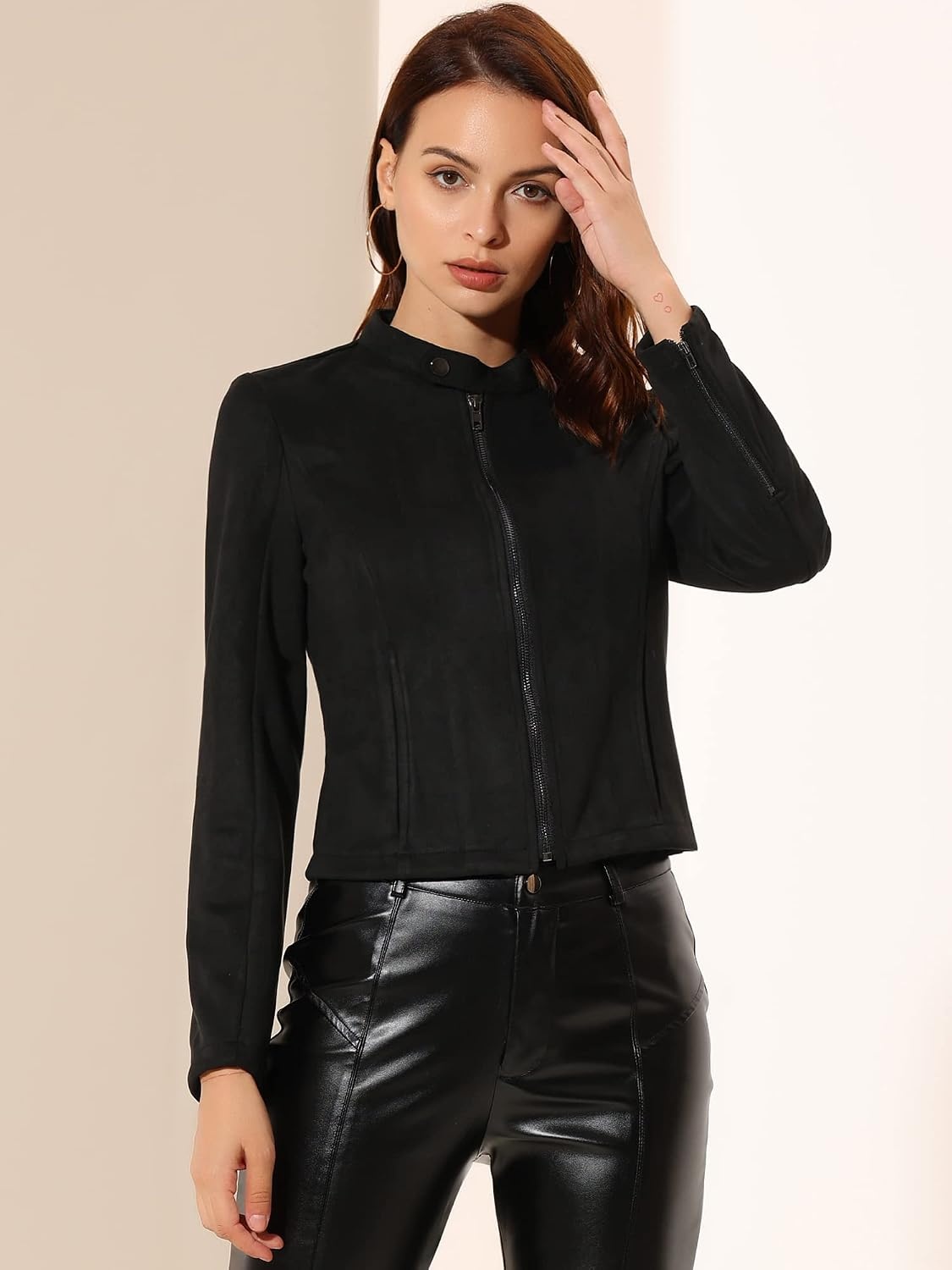 image:imageAllegra K Womens Faux Suede Jacket Zip Up Crop Biker Moto Coat OuterwearBlack