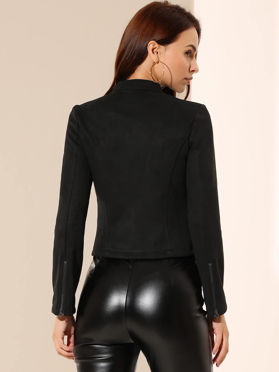 image:imageAllegra K Womens Faux Suede Jacket Zip Up Crop Biker Moto Coat OuterwearBlack