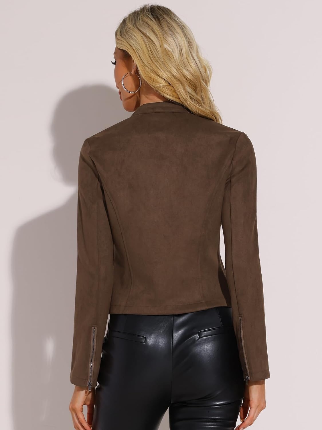 image:imageAllegra K Womens Faux Suede Jacket Zip Up Crop Biker Moto Coat OuterwearDark Brown