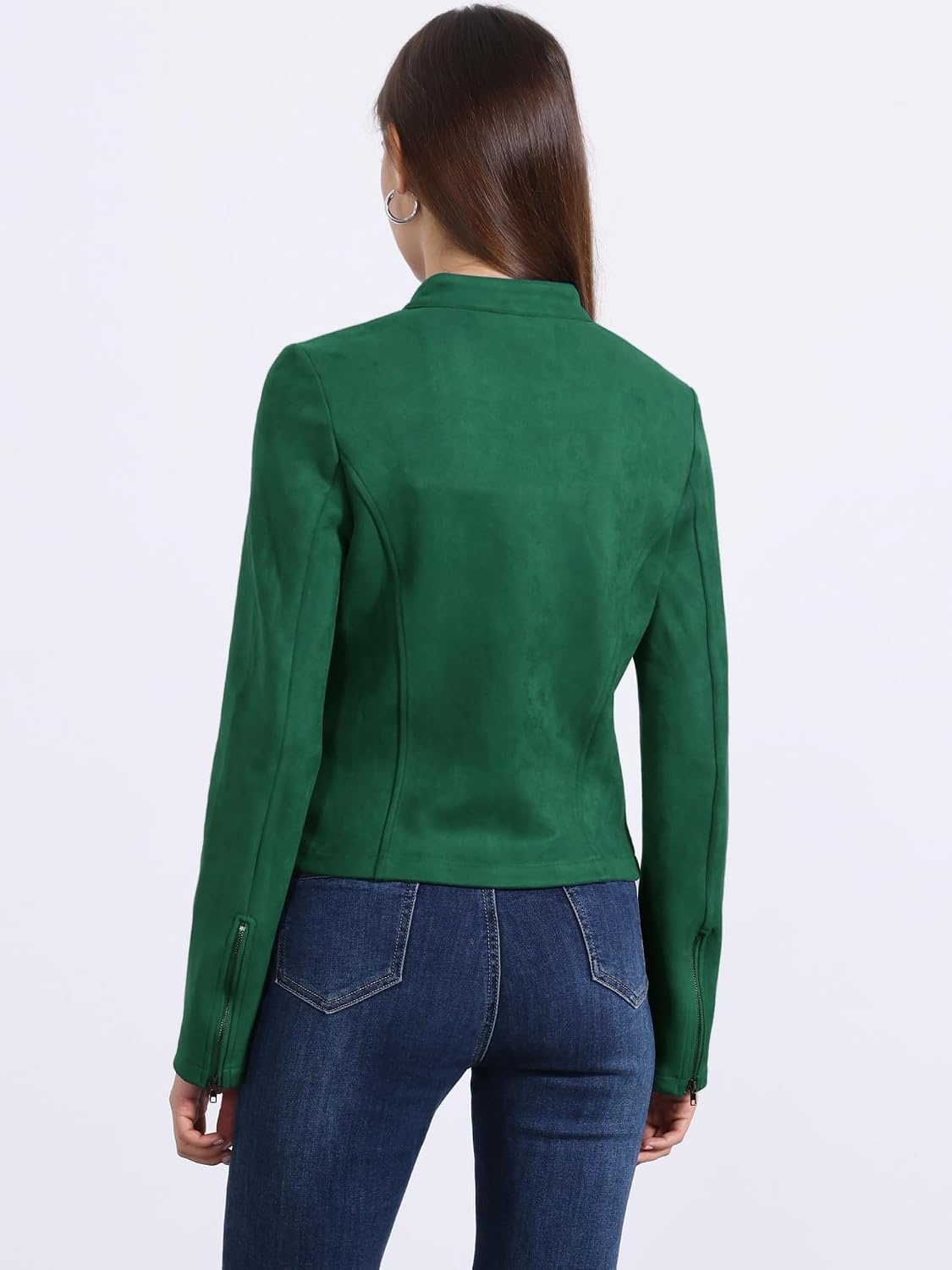 image:imageAllegra K Womens Faux Suede Jacket Zip Up Crop Biker Moto Coat OuterwearDark Green