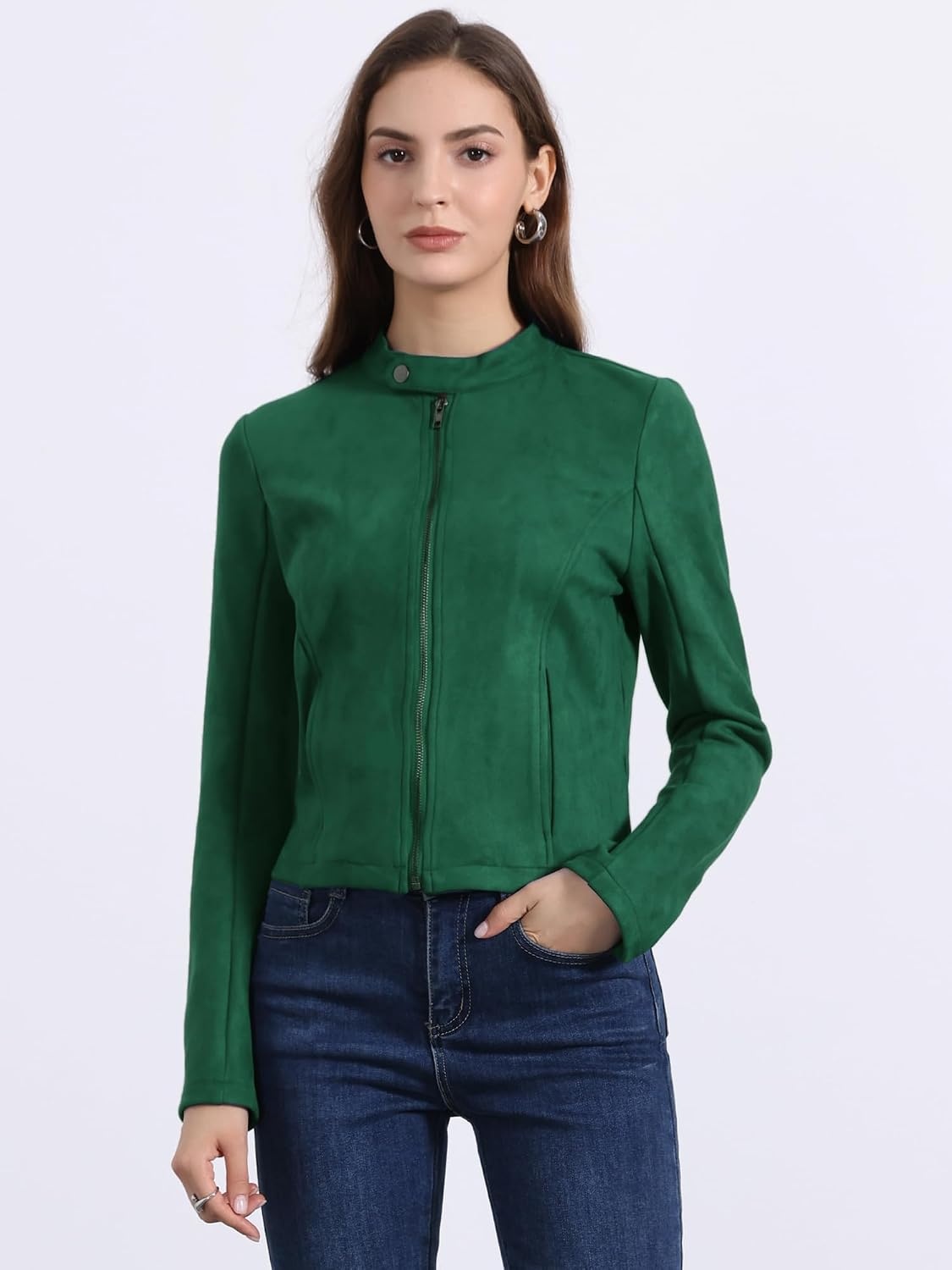 image:imageAllegra K Womens Faux Suede Jacket Zip Up Crop Biker Moto Coat OuterwearDark Green