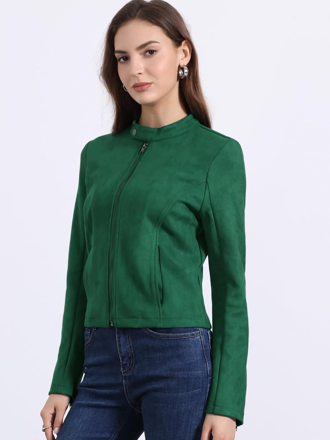 image:imageAllegra K Womens Faux Suede Jacket Zip Up Crop Biker Moto Coat OuterwearDark Green