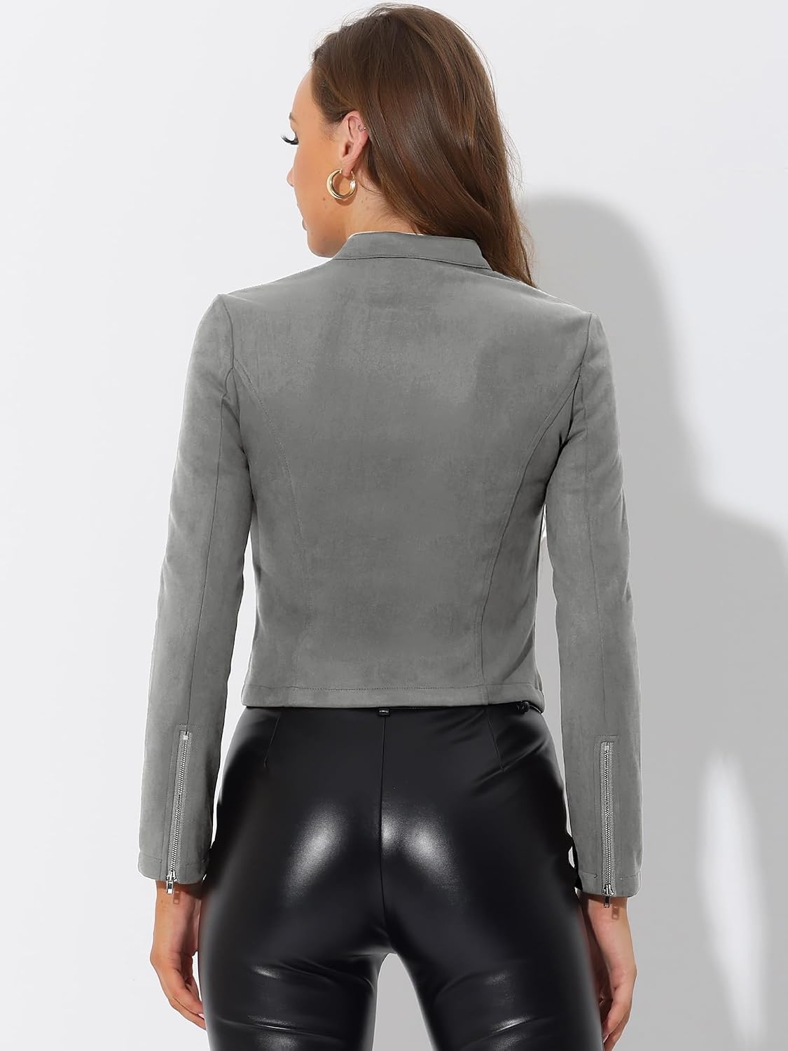 image:imageAllegra K Womens Faux Suede Jacket Zip Up Crop Biker Moto Coat OuterwearGray
