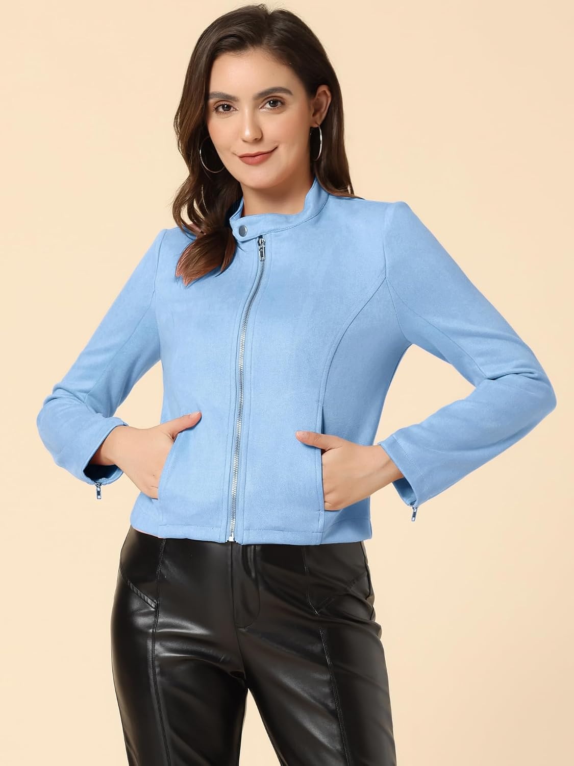 image:imageAllegra K Womens Faux Suede Jacket Zip Up Crop Biker Moto Coat OuterwearLight Blue