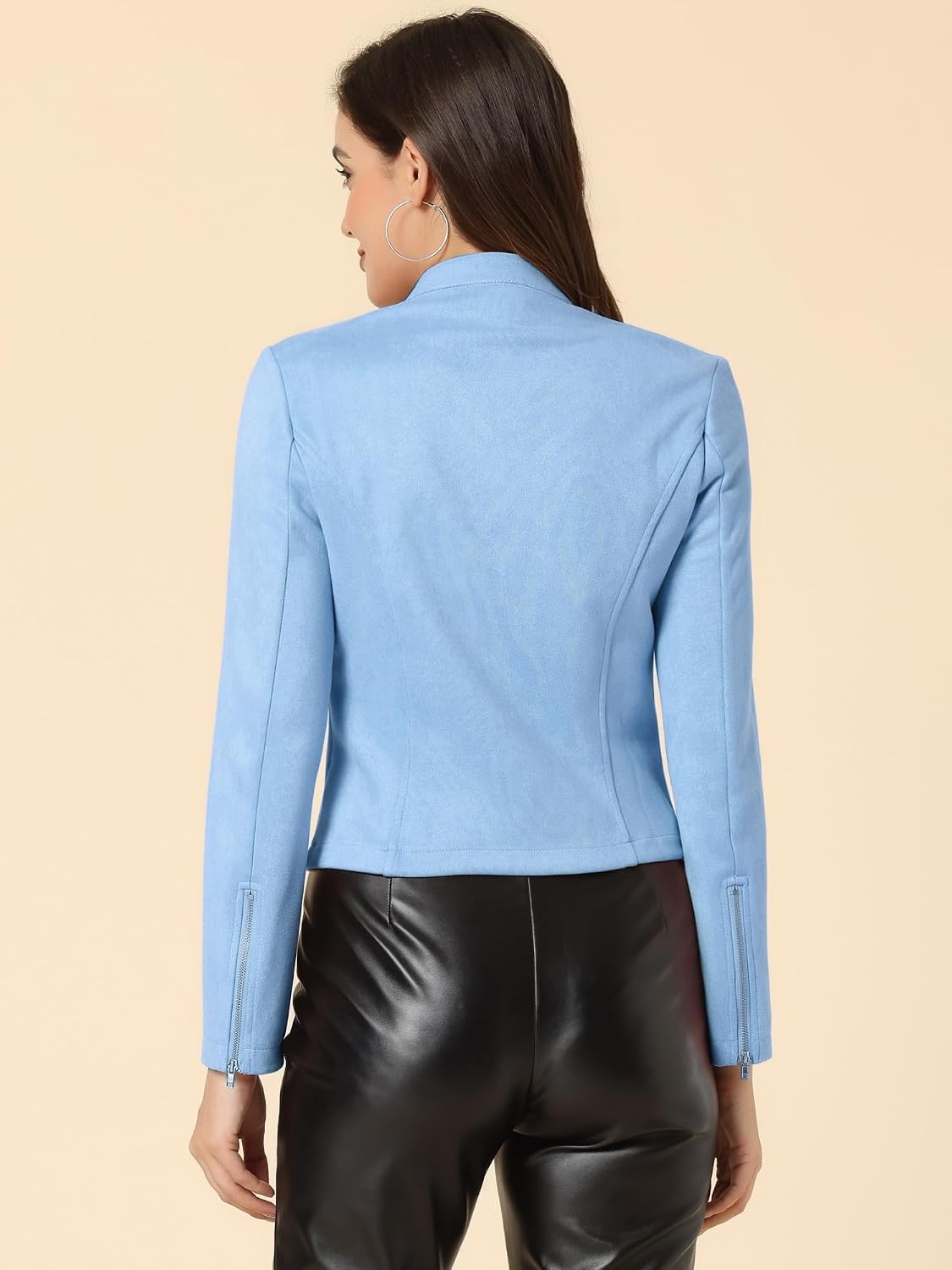 image:imageAllegra K Womens Faux Suede Jacket Zip Up Crop Biker Moto Coat OuterwearLight Blue