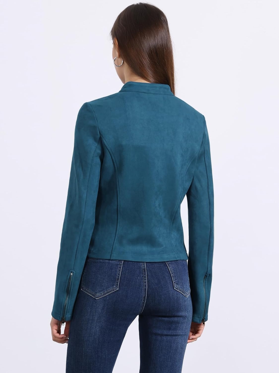 image:imageAllegra K Womens Faux Suede Jacket Zip Up Crop Biker Moto Coat OuterwearPeacock Blue