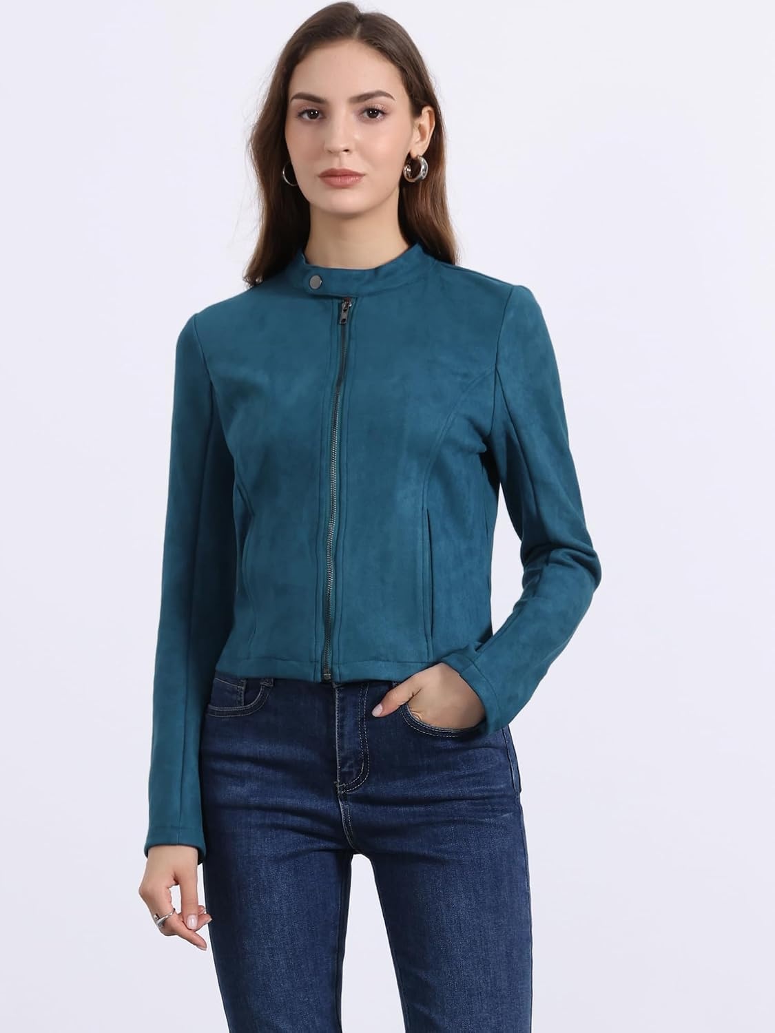 image:imageAllegra K Womens Faux Suede Jacket Zip Up Crop Biker Moto Coat OuterwearPeacock Blue
