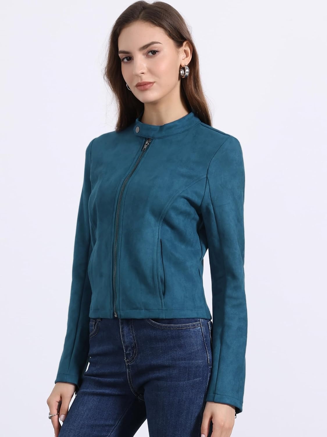 image:imageAllegra K Womens Faux Suede Jacket Zip Up Crop Biker Moto Coat OuterwearPeacock Blue