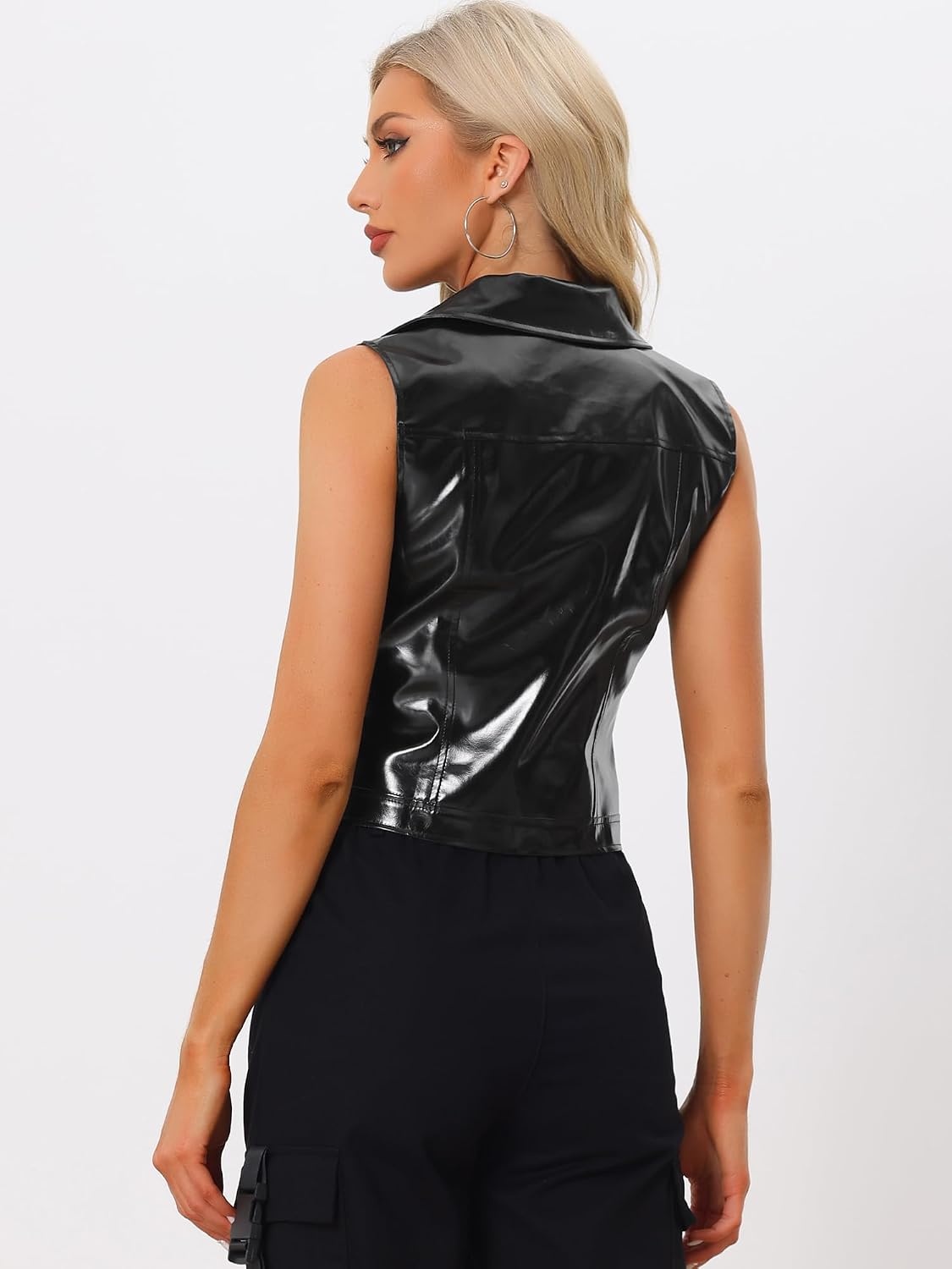 image:imageAllegra K Womens Metallic Vest Faux Leather Zip Cropped Holographic JacketBlack