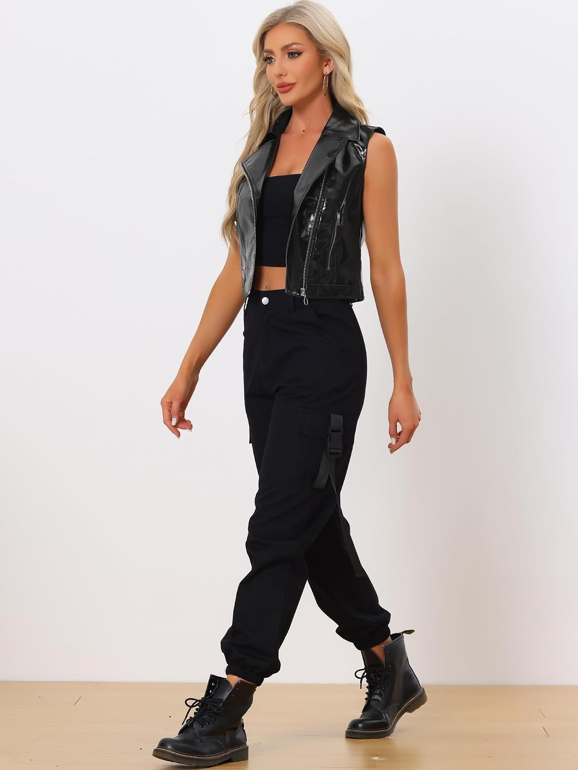 image:imageAllegra K Womens Metallic Vest Faux Leather Zip Cropped Holographic JacketBlack