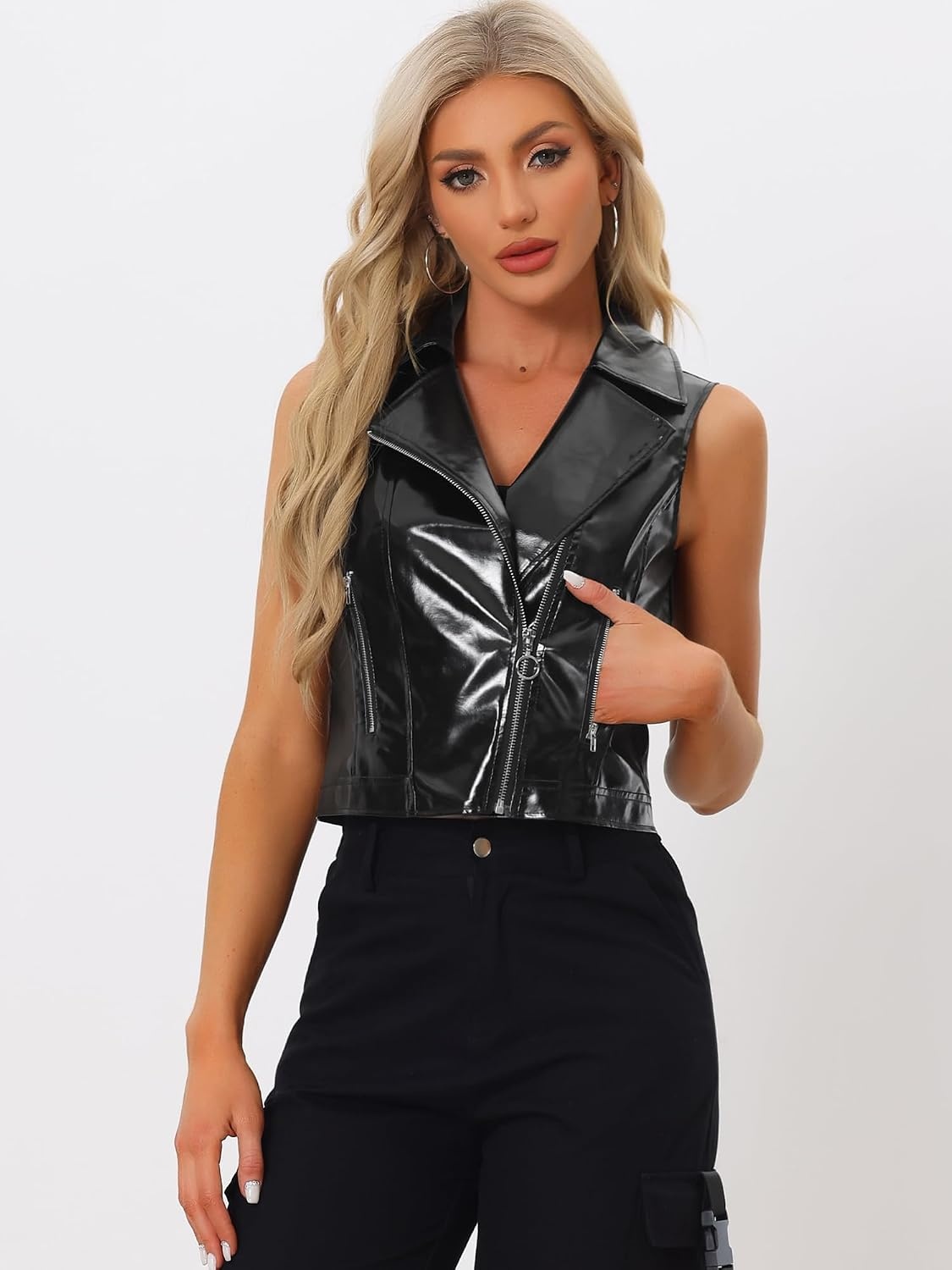 image:imageAllegra K Womens Metallic Vest Faux Leather Zip Cropped Holographic JacketBlack