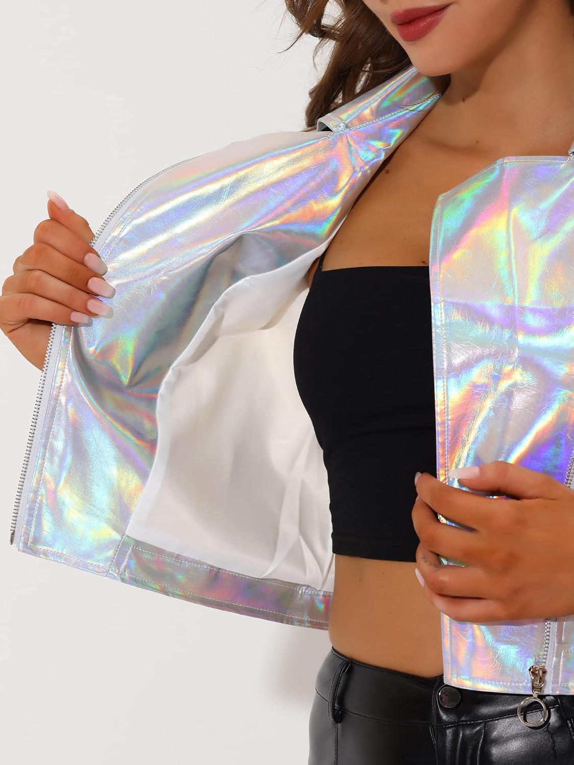 image:imageAllegra K Womens Metallic Vest Faux Leather Zip Cropped Holographic JacketHolographic