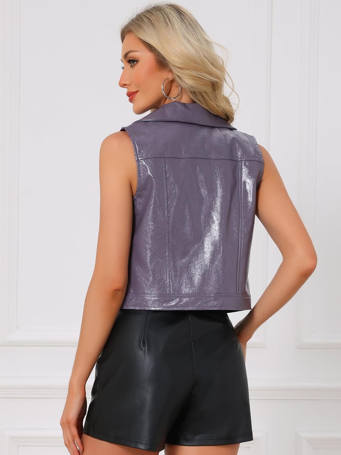image:imageAllegra K Womens Metallic Vest Faux Leather Zip Cropped Holographic JacketLight Purple