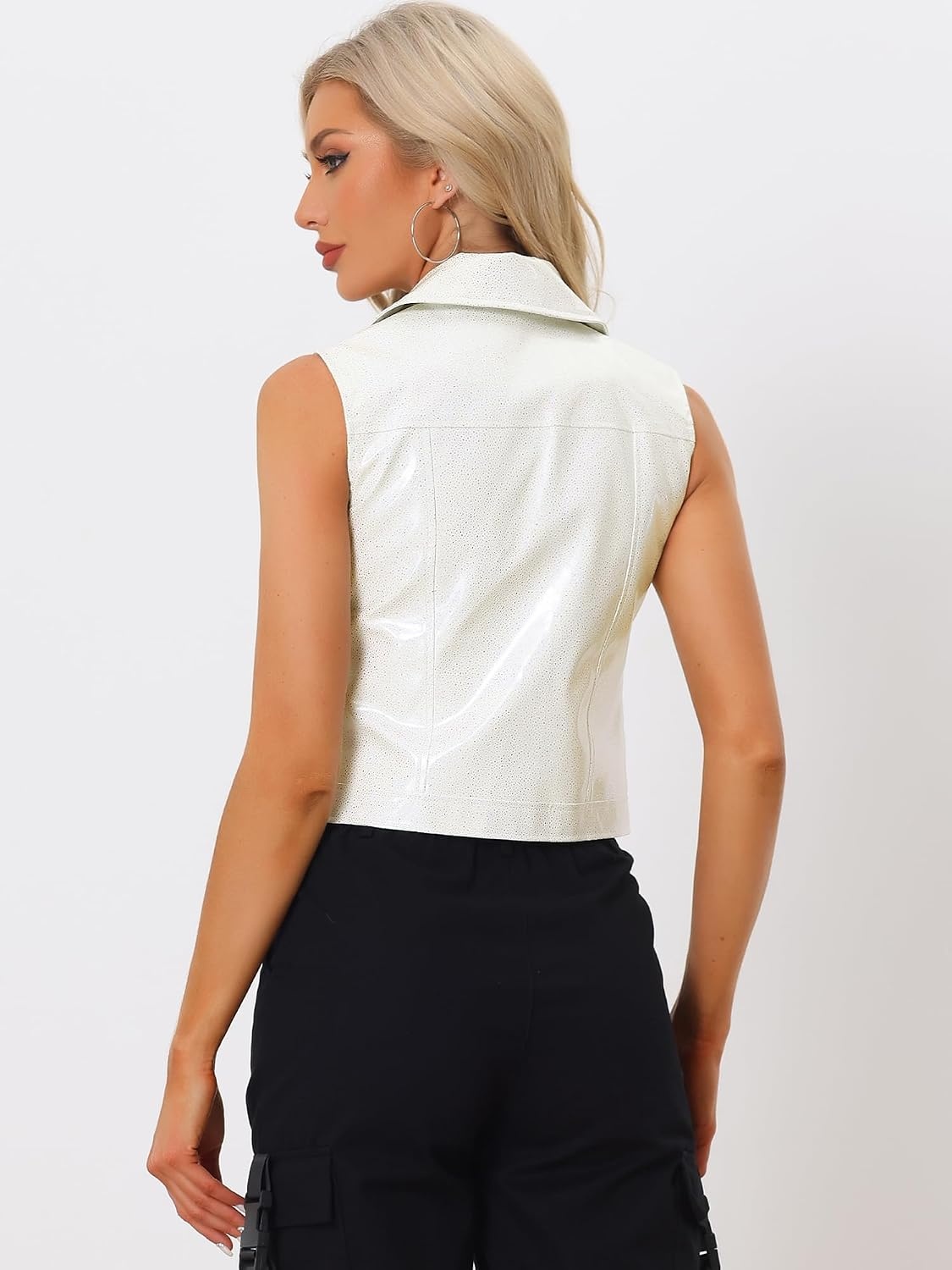 image:imageAllegra K Womens Metallic Vest Faux Leather Zip Cropped Holographic JacketWhitedots