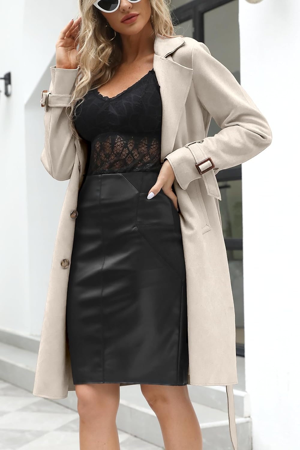 image:imageBellivera Womens Faux Suede Double Breasted Lightweight Trench CoatBeige