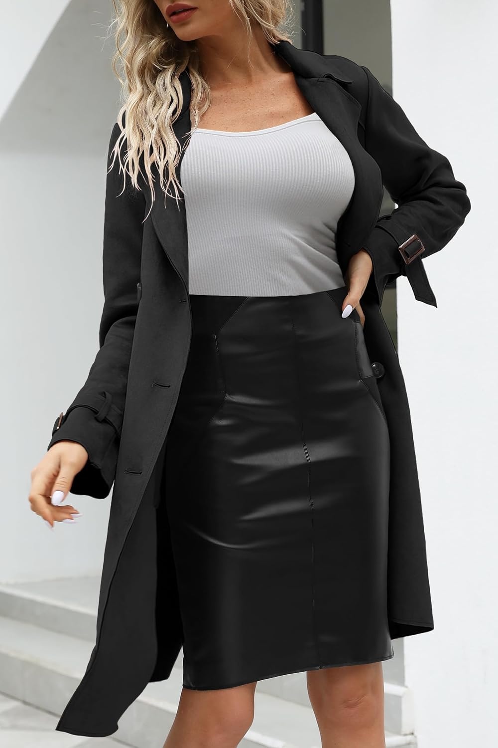 image:imageBellivera Womens Faux Suede Double Breasted Lightweight Trench CoatBlack