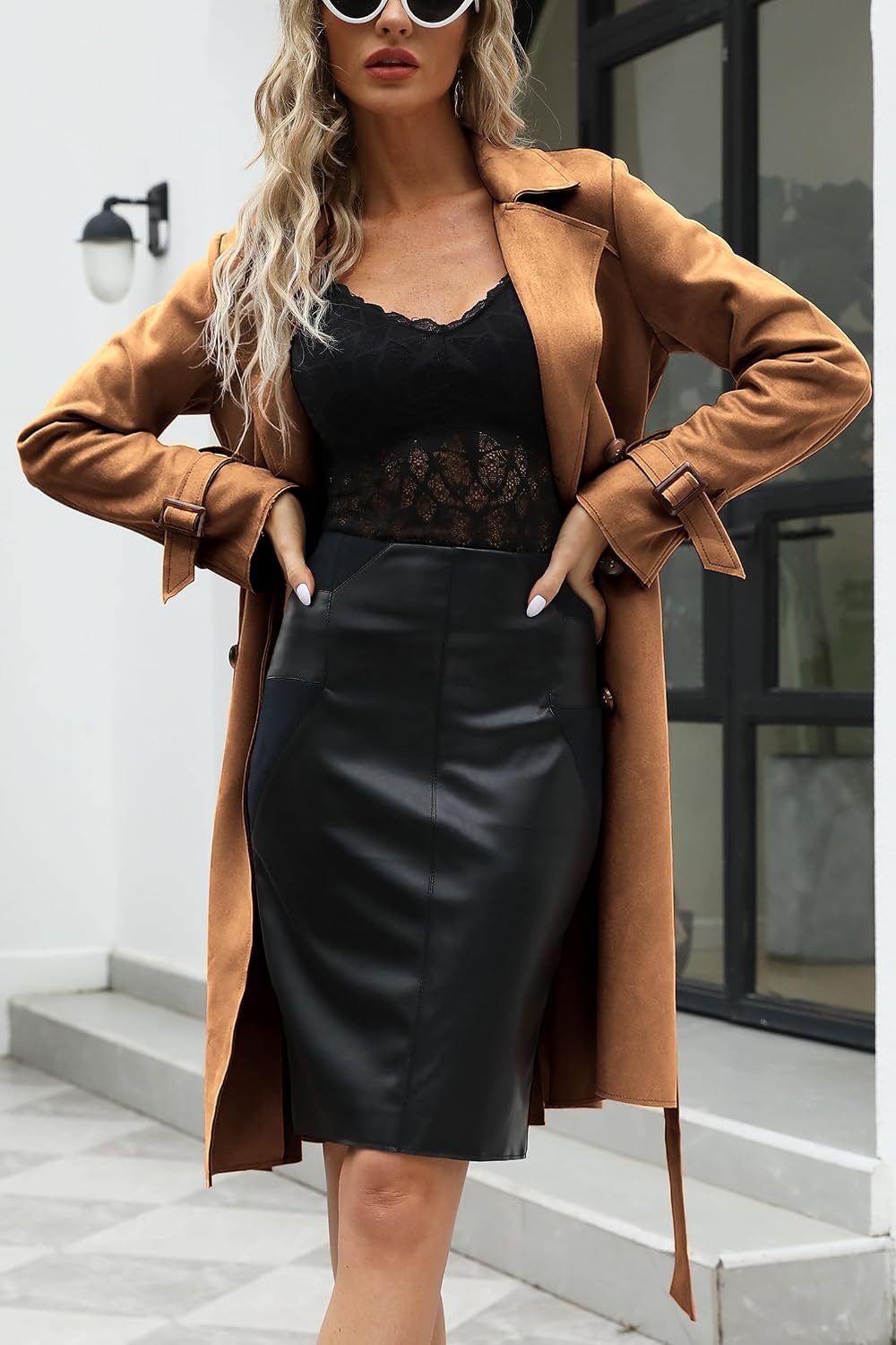 image:imageBellivera Womens Faux Suede Double Breasted Lightweight Trench CoatCamel