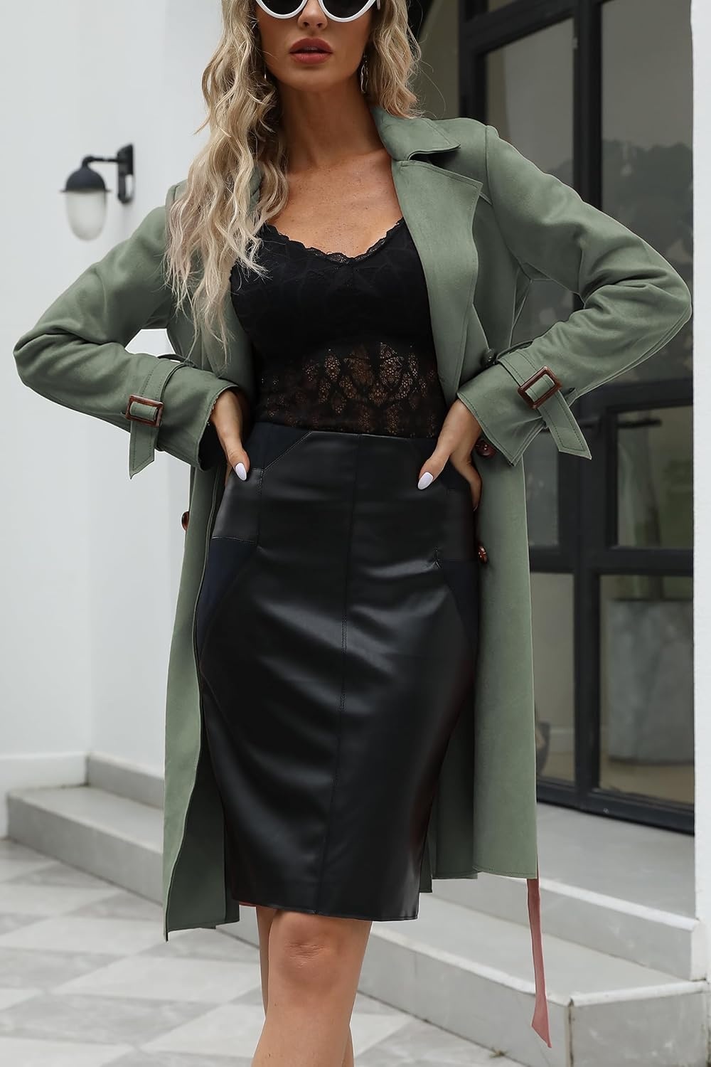 image:imageBellivera Womens Faux Suede Double Breasted Lightweight Trench CoatGrey