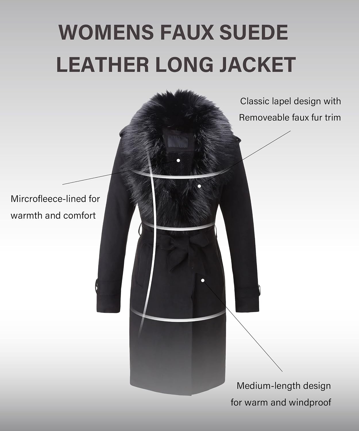 image:imageBellivera Womens Faux Suede Leather Fleece Lined Trench CoatBlack