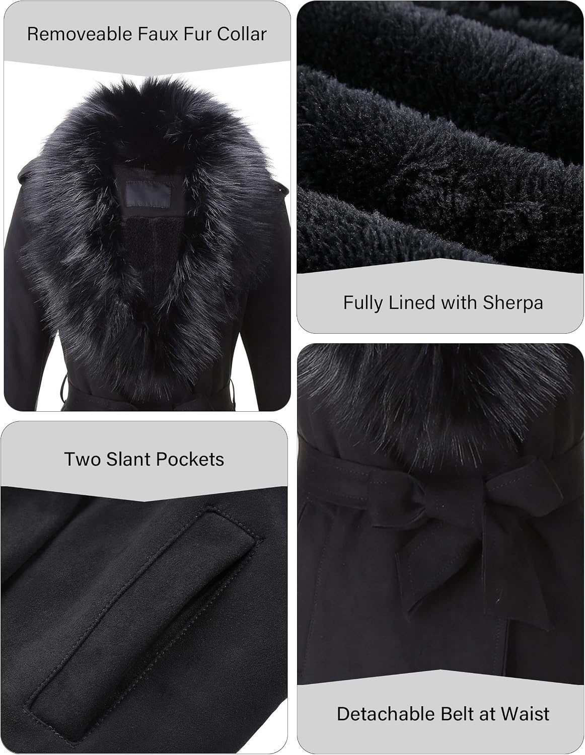 image:imageBellivera Womens Faux Suede Leather Fleece Lined Trench CoatBlack