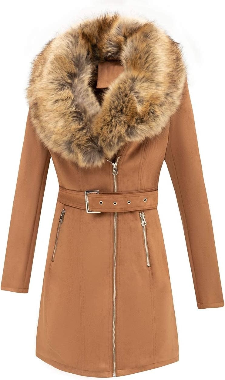 image:imageBellivera Womens Faux Suede Leather Fleece Lined Trench CoatCamel Coat