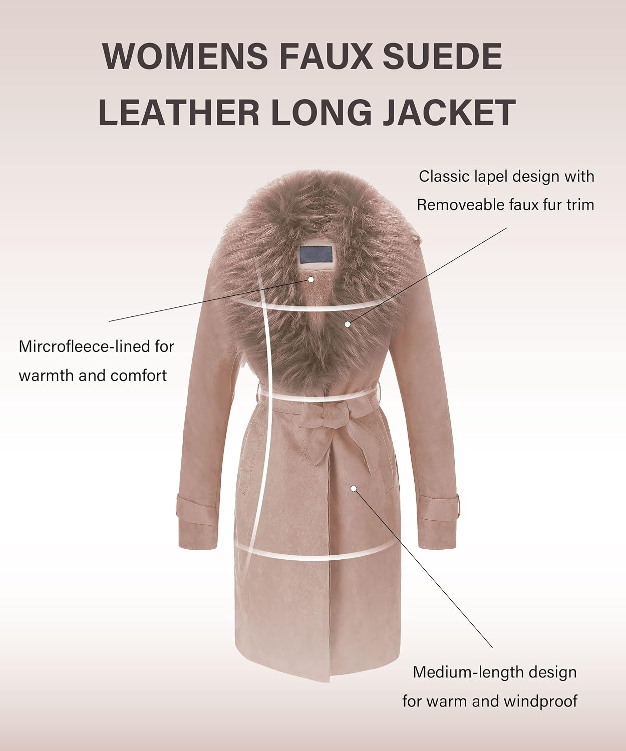 image:imageBellivera Womens Faux Suede Leather Fleece Lined Trench CoatLight Brown