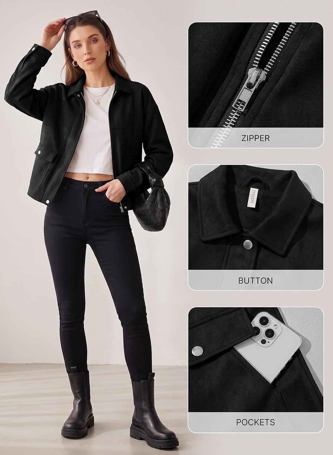 image:imageEVALESS Womens Faux Suede Jacket Fall Fashion Casual Winter Coats OuterwearBlack