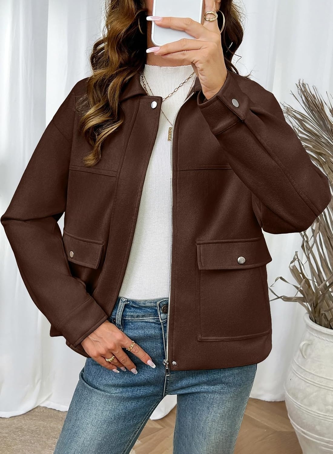 image:imageEVALESS Womens Faux Suede Jacket Fall Fashion Casual Winter Coats OuterwearBrown