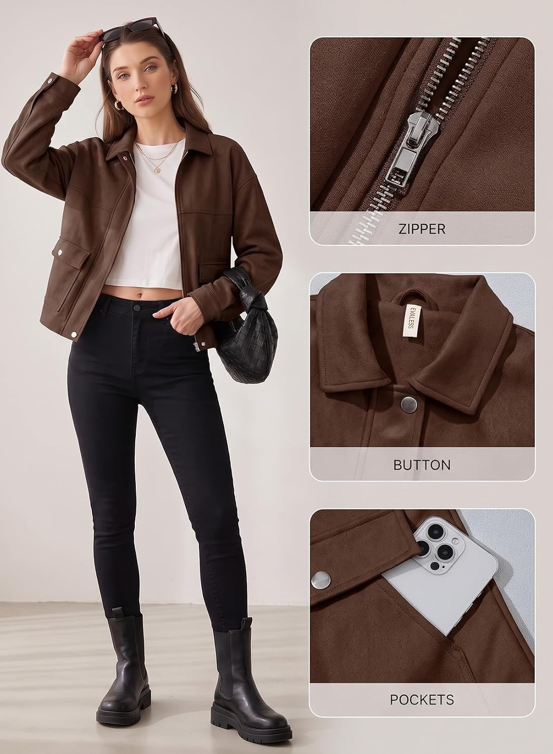 image:imageEVALESS Womens Faux Suede Jacket Fall Fashion Casual Winter Coats OuterwearBrown