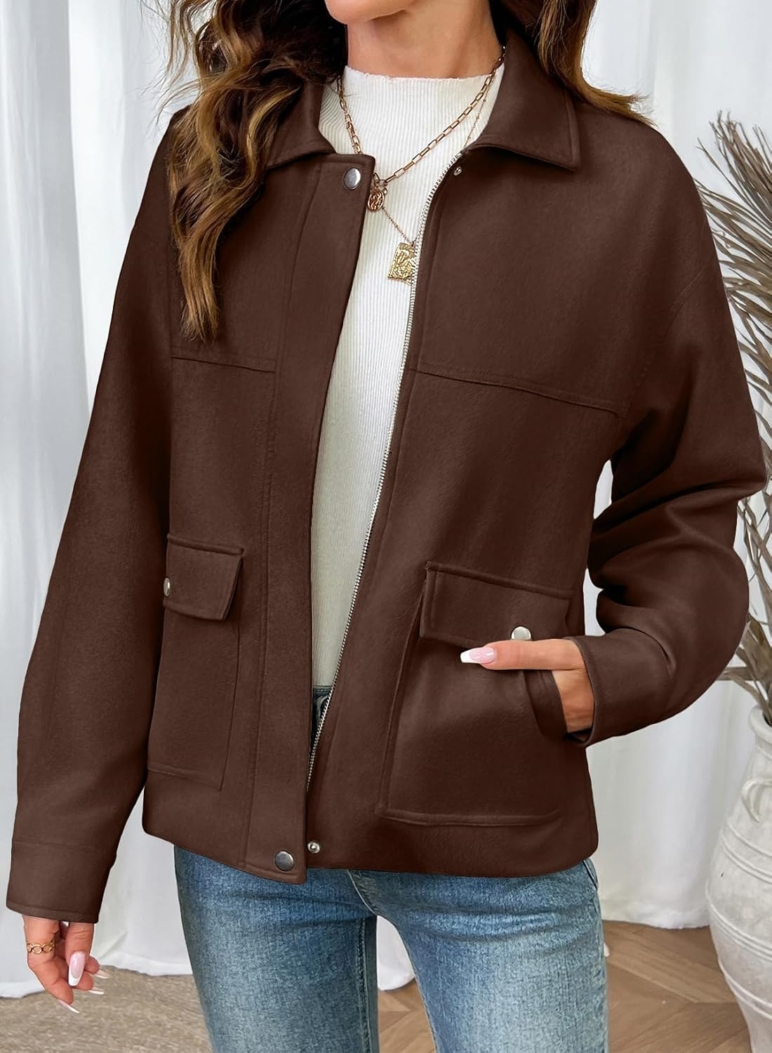 image:imageEVALESS Womens Faux Suede Jacket Fall Fashion Casual Winter Coats OuterwearBrown