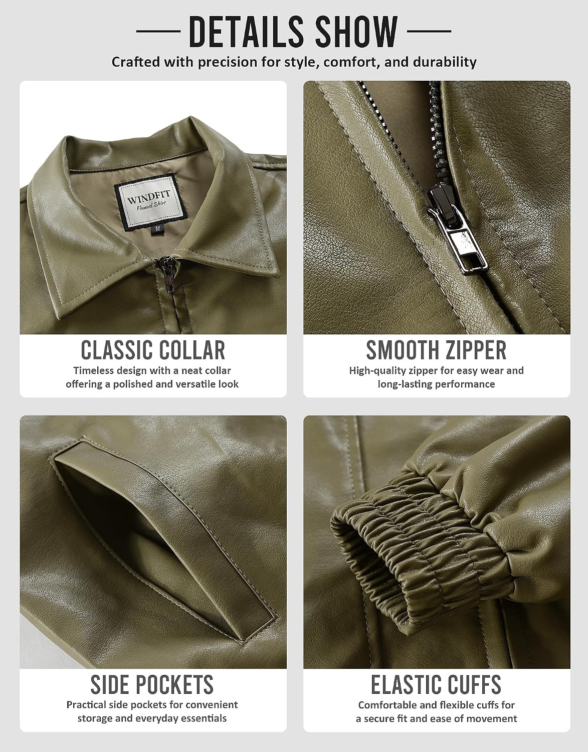 image:imageKOMANA Womens Zip Ribbed Leather Jacket Faux Oversized Winter Warm CoatArmy Green