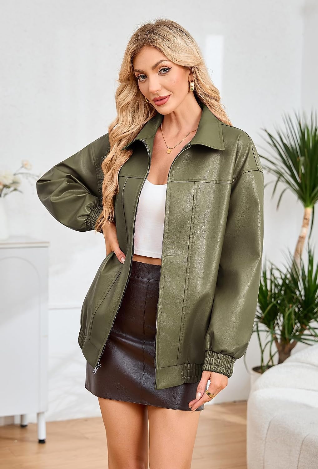 image:imageKOMANA Womens Zip Ribbed Leather Jacket Faux Oversized Winter Warm CoatArmy Green