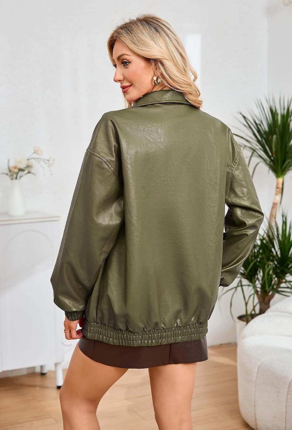 image:imageKOMANA Womens Zip Ribbed Leather Jacket Faux Oversized Winter Warm CoatArmy Green