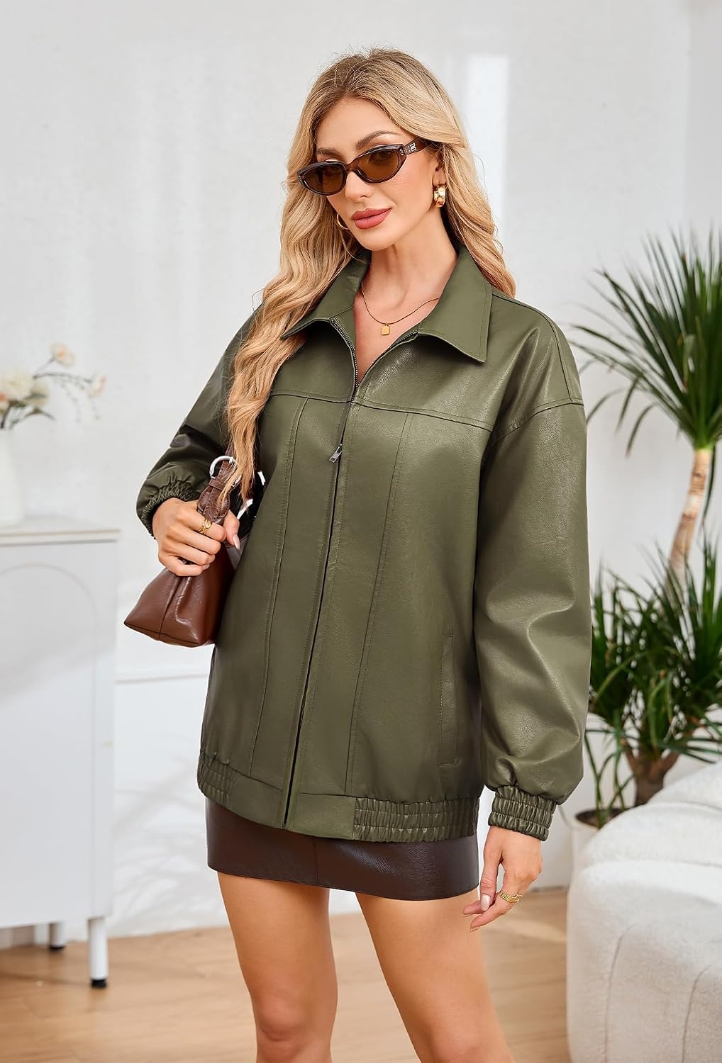 image:imageKOMANA Womens Zip Ribbed Leather Jacket Faux Oversized Winter Warm CoatArmy Green