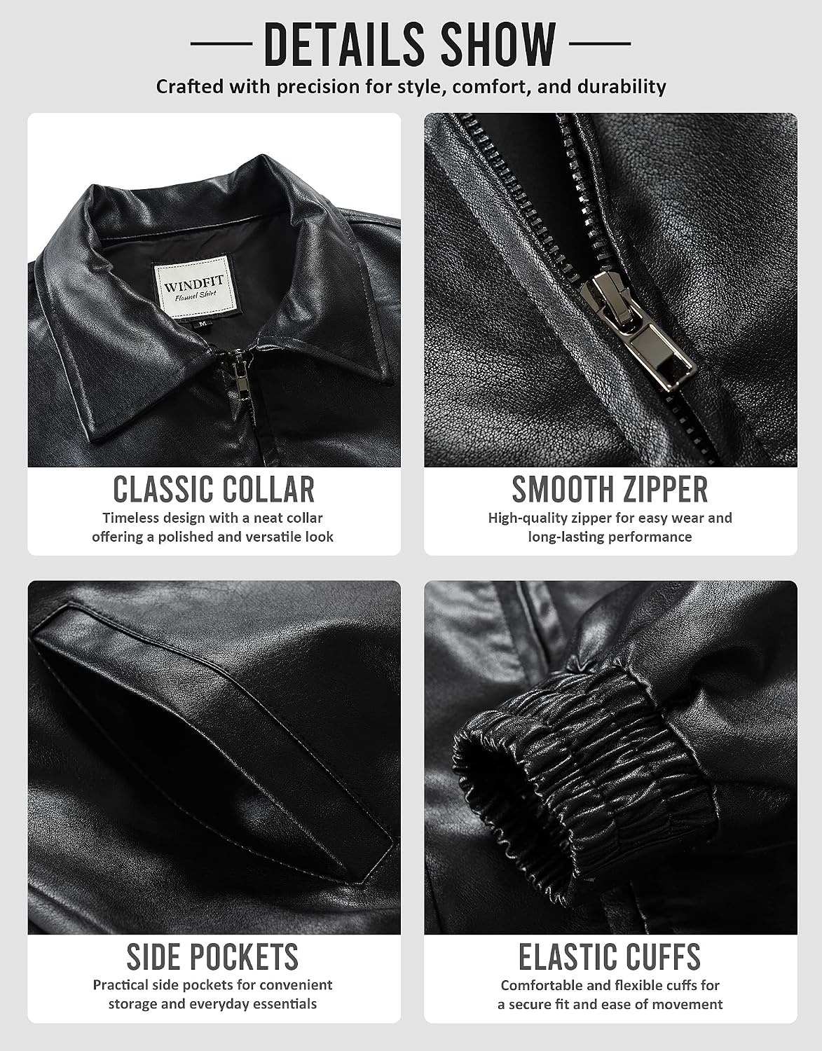 image:imageKOMANA Womens Zip Ribbed Leather Jacket Faux Oversized Winter Warm CoatBlack