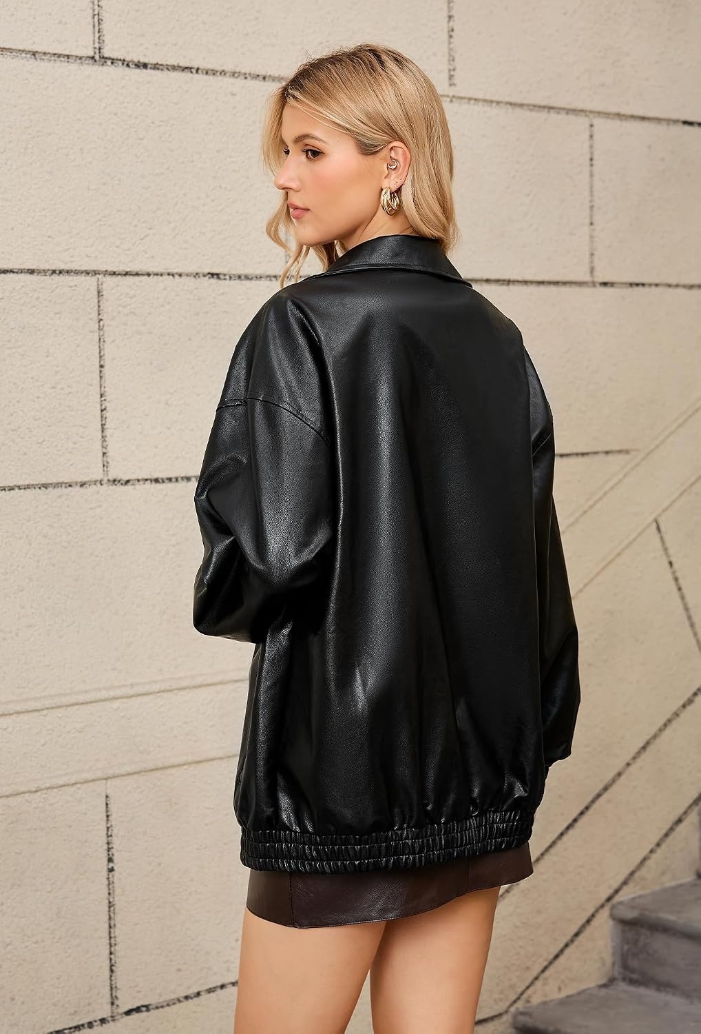 image:imageKOMANA Womens Zip Ribbed Leather Jacket Faux Oversized Winter Warm CoatBlack