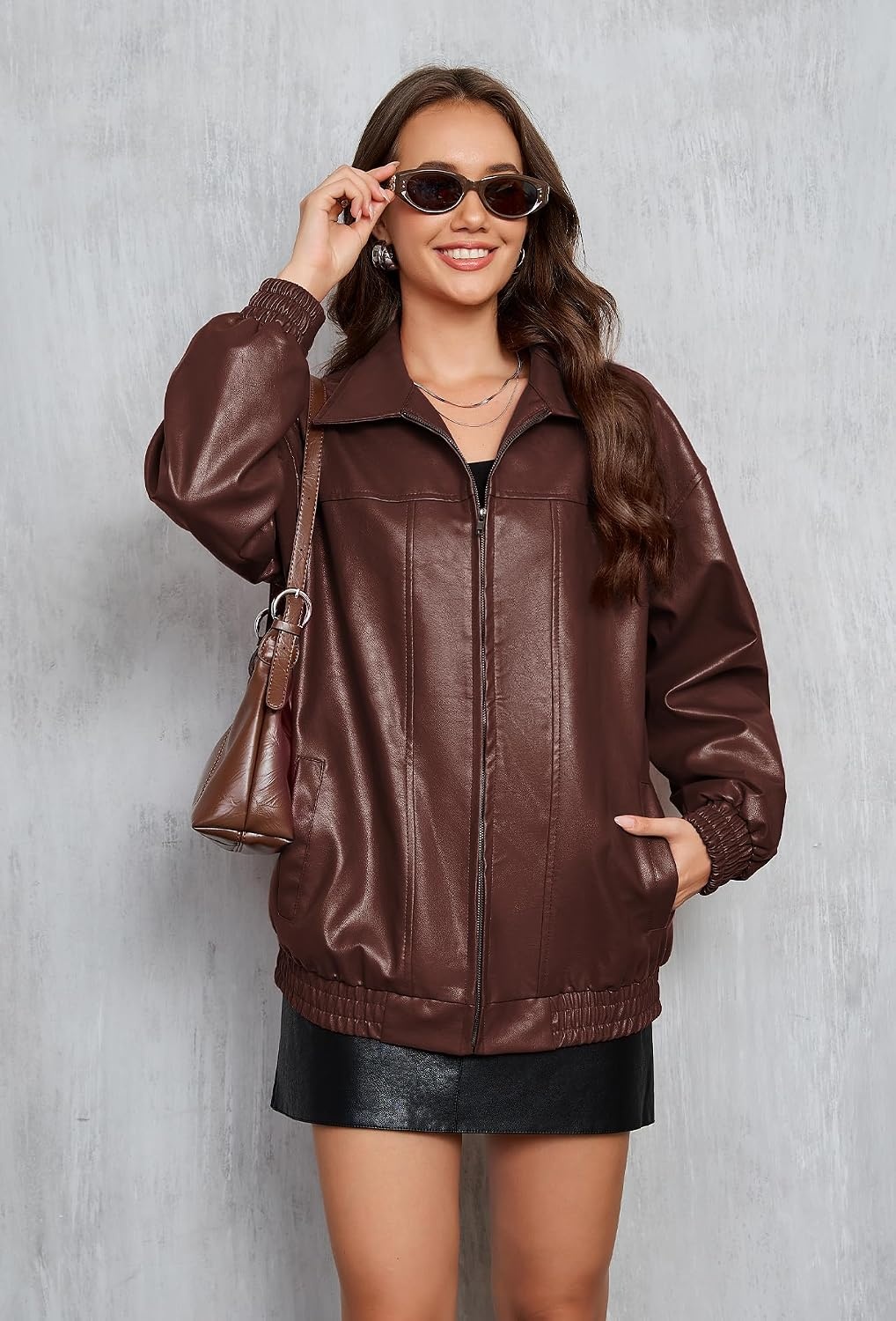 image:imageKOMANA Womens Zip Ribbed Leather Jacket Faux Oversized Winter Warm CoatBrown